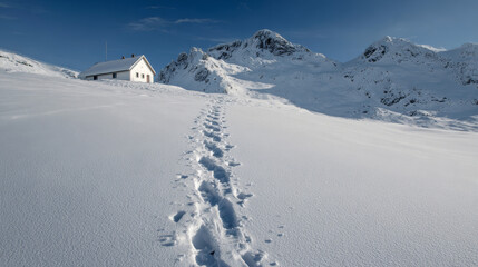 Footprints in fresh snow leading to a small mountain hut. 