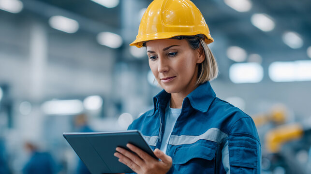 Woman in safety gear checks data on tablet in industrial workspace during daylight hours