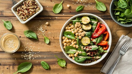 Delicious and vibrant vegan bowl with fresh vegetables and tahini dressing for healthy eating lifestyle inspiration and balanced nutrition