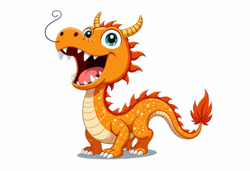 Naklejka premium Playful Cartoon Orange Dragon with Green Eyes and Spiky Tail Expressing Joyful Enthusiasm with Open Mouth Against a White Background