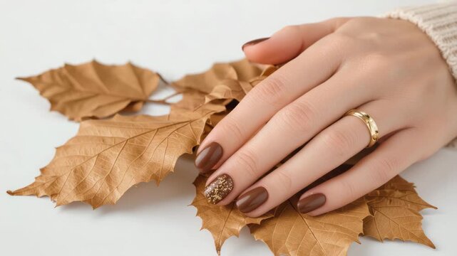 Elegant female hands with brown autumn manicure and glitter accents resting on dried leaves for fall beauty concept and seasonal fashion