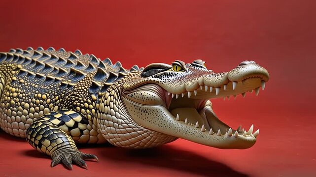 Close Up of Large Crocodile Against Red Background with Open Mouth in Studio Lighting