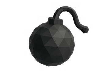 Black low poly bomb with a fuse, representing danger, explosion, and warning, 3d rendering with transparent background
