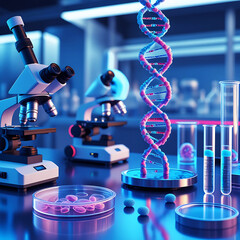 Futuristic Biotechnology Laboratory with DNA Helix, Microscopes, and Cell Research Equipment.
