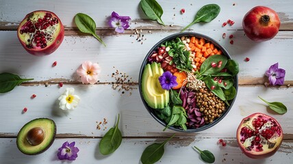 Vibrant vegan buddha bowl ready to eat for healthy lifestyle and wellness with fresh avocado, pomegranate and edible flowers on white wood table