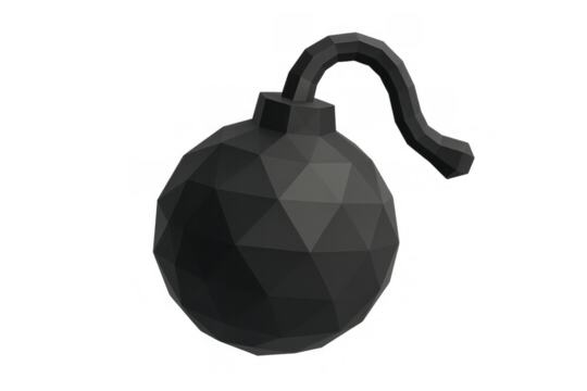 Black low poly bomb with a fuse, representing danger, explosion, and warning, 3d rendering with transparent background