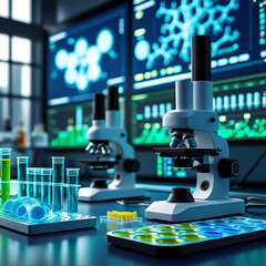 Futuristic DNA Research Lab With Microscopes and Cell Cultures.