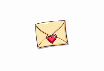 Illustration of a sealed beige envelope adorned with a prominent red heart symbol, conveying a message of love and affection, set against a plain white background.