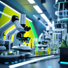 Futuristic DNA Research Lab With Microscopes and Cell Cultures.