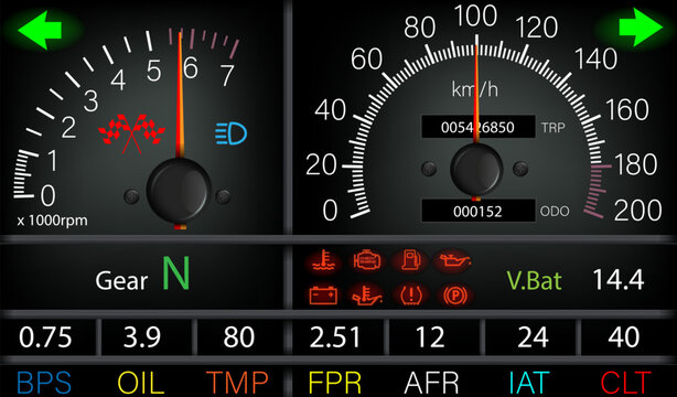 Performance dashboard with real-time telemetry. Racing interface showing engine status and sensor data.