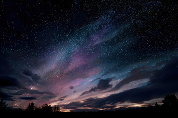Beautiful night sky filled with stars and colorful clouds over a serene landscape