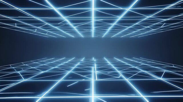 Futuristic blue laser grid floor extending into infinity with glowing lines, abstract synthwave background for virtual reality and cyberpunk technology