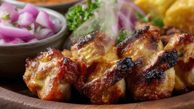 A captivating close-up highlights succulent, freshly grilled protein pieces, glistening with a savory glaze and emitting delicate steam, indicative of a hot and ready-to-serve meal. The perfectly cook
