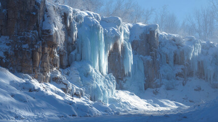 Frozen waterfall shining like glass in winter sunlight.