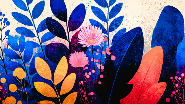 Fleurs et feuillage tropical, peinture