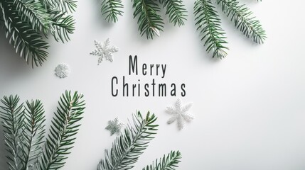 Green pine branches surround the text 'Merry Christmas' on a white background. Snowflakes are scattered around, creating a festive atmosphere.
