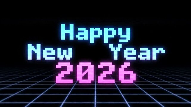Retro 80s Style Happy New Year 2026 Pixelated Animation.