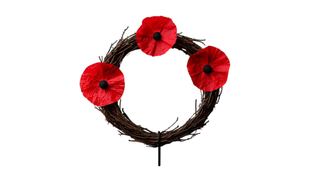 PNF of A decorative wreath featuring three vibrant red poppies, symbolizing remembrance and honor.