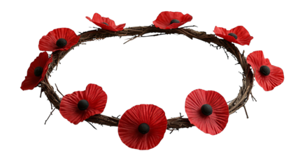 PNF of A delicate wreath adorned with vibrant red poppies, symbolizing remembrance and honor.