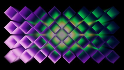 Gradient neon squares in purple, green, and blue create a luminous grid. The futuristic pattern is bright and eye-catching. 3D render illustration.