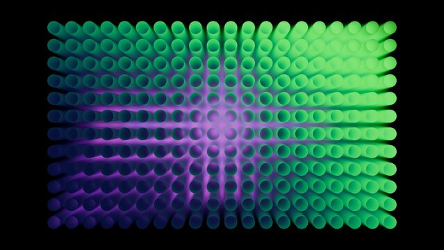 Gradient dots in green, cyan, and violet form a futuristic matrix on black. The pixelated style is both crisp and abstract. 3D render illustration.