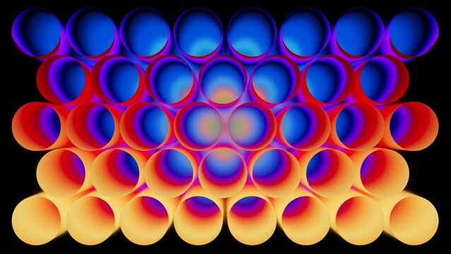 Multicolored neon circles cluster tightly in a dynamic pattern. The composition features sharp contrast on black for a striking result. 3D render illustration.