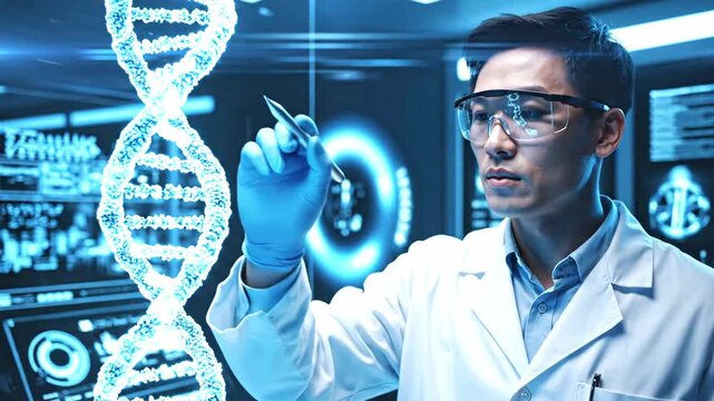 Asian scientist in futuristic lab hologram analyzing dna sequence on augmented reality display wearing goggles and gloves blue lighting clinical atmosphere precise gestures and data overlays