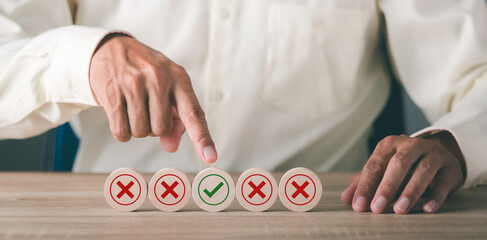 Regulatory compliance, project feasibility concept. Tick and cross signs. Checkmark and cross icons. Do and don't or like and unlike with positive and negative sign, approve and disapprove symbols.