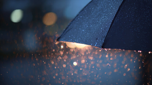 Gentle rain falling on an umbrella in soft bokeh light