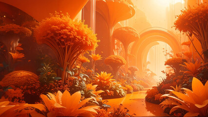 Digital 3D landscape with stylized orange vegetation and arches. Represents metaverse environment, fantasy world, dream concept, and virtual nature. Monochromatic artistic design.