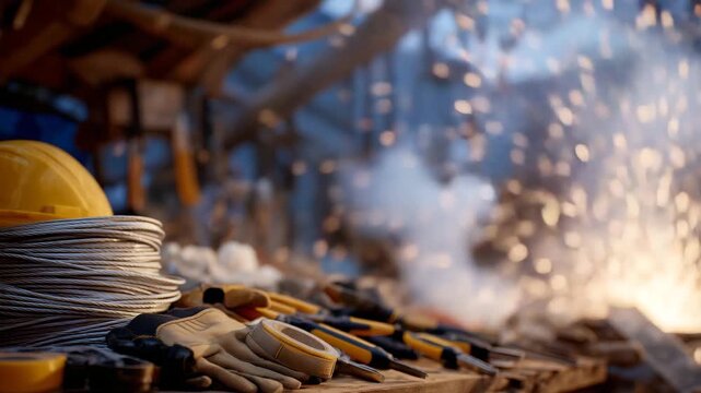 Artistic shot of electrician&rsquo;s toolkit displayed neatly, including coiled cables, electrical tape, and bright-handled pliers, dust particles catching light in a realistic workshop