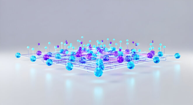 A bright futuristic AI networking grid with glowing data nodes connected by thin neon lines, floating in a clean white digital space, high-clarity, minimal, modern, soft reflections, stock photo style