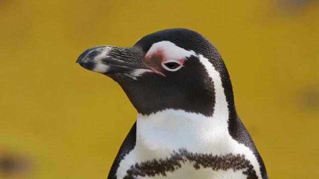 Close Up Shot of A Penguin with Black And White Plumage and Yellowish Background