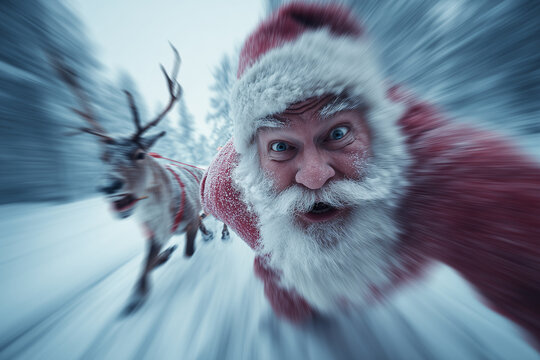 Dynamiczne ujęcie (selfie) pędzącego Świętego Mikołaja i renifera w śnieżnym lesie, z efektem rozmycia ruchu. Mikołaj ma zaskoczony, wesoły wyraz twarzy.