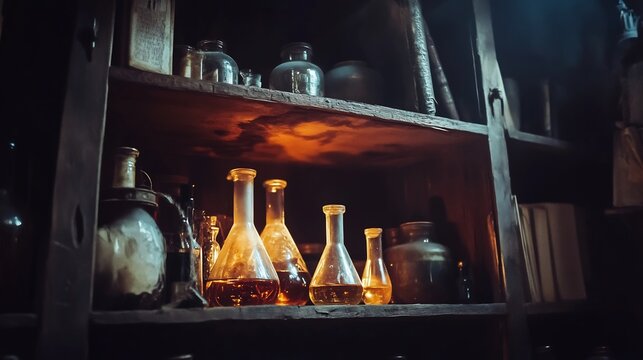 Moody lab shelf filled dusty flasks and glowing liquids cinematic low light composition