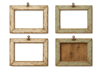 Collection of rustic wooden and distressed vintage picture frames on a transparent background, offering empty spaces for content