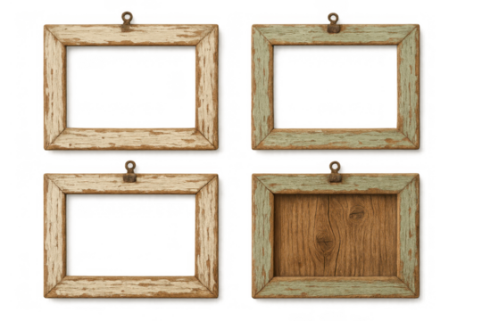 Collection of rustic wooden and distressed vintage picture frames on a transparent background, offering empty spaces for content