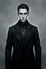 Obraz premium Gothic portrait of mysterious dark-haired man in victorian black coat
