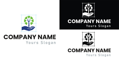 Eco-friendly foundation and nature care logo with hand and tree, symbolizing growth, support, sustainability, and environmental protection. Ideal for charity, wellness, and green business.