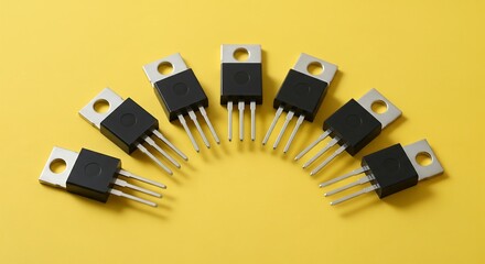 Electronic components arranged on vibrant yellow backdrop ready for innovative projects or product displays, perfect for tech industry campaigns and advertisements