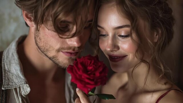 A captivating close-up portrait of an attractive couple, conveying a powerful sense of romance and emotional connection. The man and woman gaze directly at the viewer with intense, expressive eyes, sh