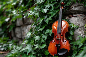 Violin resting against a stone wall surrounded by vibrant green ivy