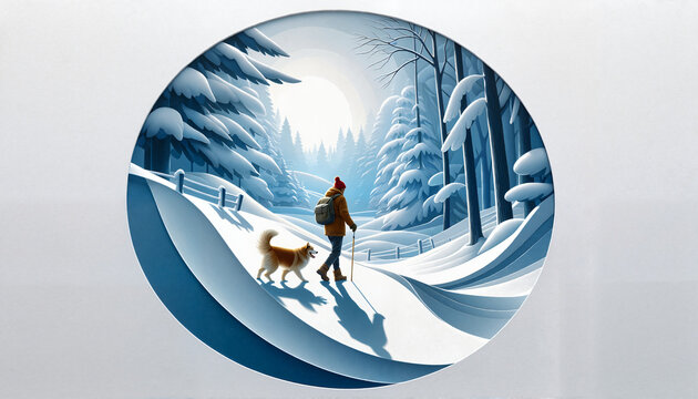 Hiker with dog trekking through snowy forest in vibrant winter landscape - Powered by Adobe