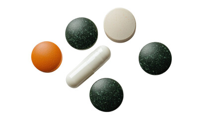 PNF of An assortment of vitamins and dietary supplements in various colors, including green, orange, and white circular tablets.
