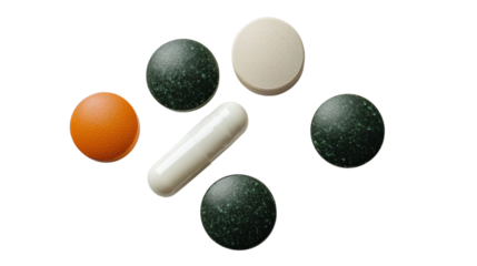 PNF of An assortment of vitamins and dietary supplements in various colors, including green, orange, and white circular tablets.