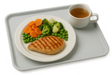 Healthy grilled chicken and steamed vegetables meal providing a balanced diet on a serving tray, transparent background