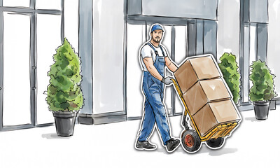 ein Mann mit Arbeitshose und bauer M&uuml;tze transportiert drei Packete auf einer Sackkarre vor einem Gesch&auml;ftshaus, moderne Illustration