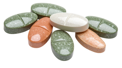 PNF of A selection of colorful dietary supplements in various shapes and sizes, featuring shades of green, orange, and beige.