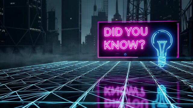 Futuristic neon sign did you know with lightbulb icon on digital grid, curiosity concept for educational fact and information discovery
