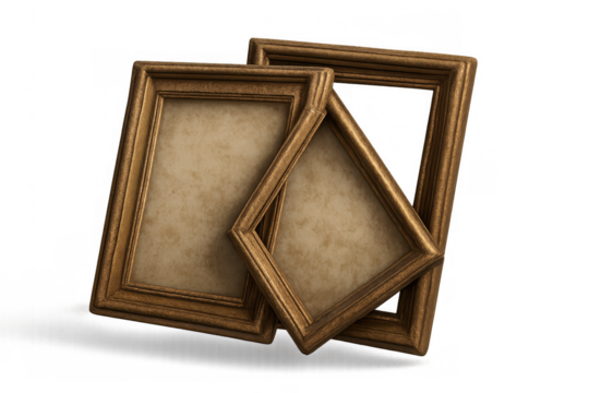 Three empty rustic wooden picture frames with antique styling, overlapping for a vintage display on transparent background